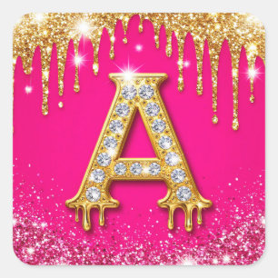 Pink Glitter Diamond Initial A Gold Frame Monogram Square Sticker