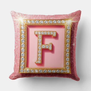 Pink Glitter Diamond Initial F Gold Frame Monogram Throw Pillow
