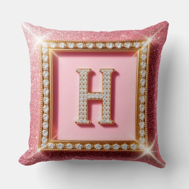 Pink Glitter Diamond Initial H Gold Frame Monogram Throw Pillow (Front)