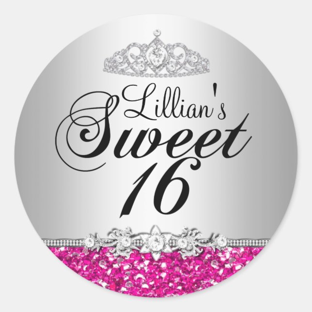 Pink Glitter & Diamond Tiara Sweet 16 Sticker (Front)