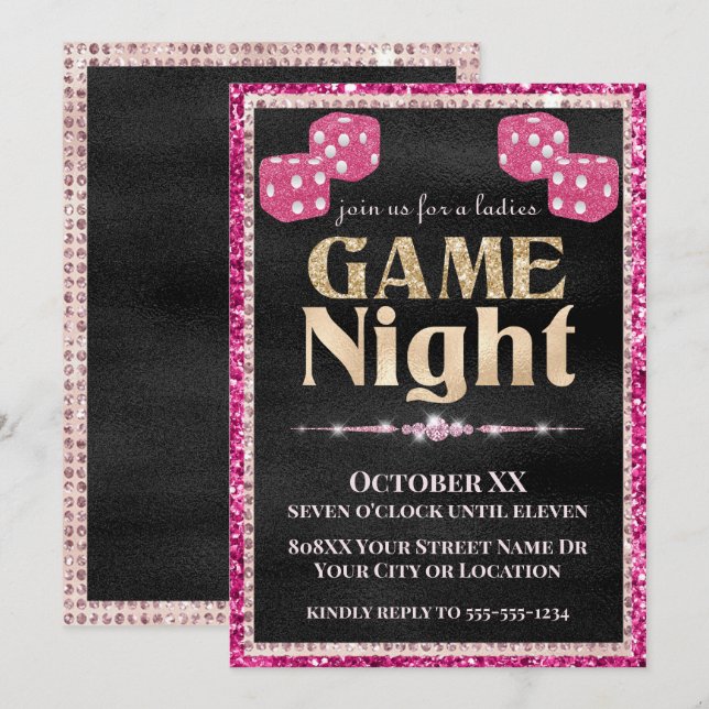 Pink Glitter Dice Ladies Game Night Gold on Black Invitation (Front/Back)