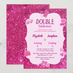 Pink Glitter Double Birthday Party For Girls  Invitation