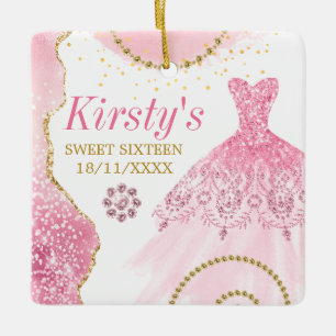 Pink Glitter Dress & Glam edge & diamonds Sweet 16 Ceramic Ornament