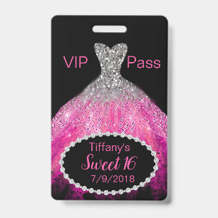 Pink Glitter Dress Sweet 16 VIP Party Badge