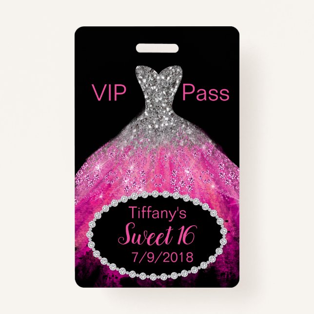Pink Glitter Dress Sweet 16 VIP Party Badge (Front)