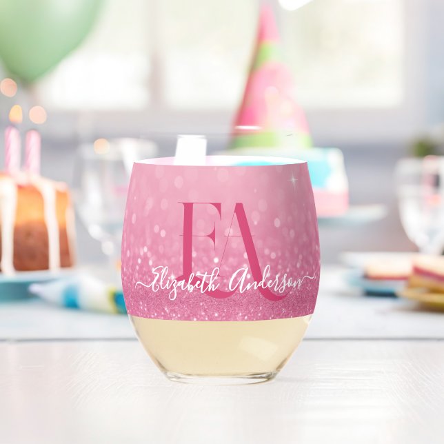 Pink Glitter Drinkware Set with Name & Initials Stemless Wine Glass (Insitu (Birthday))