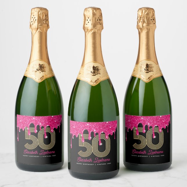 Pink Glitter Drip 50th Birthday Sparkling Wine Lab Sparkling Wine Label (Bottles)