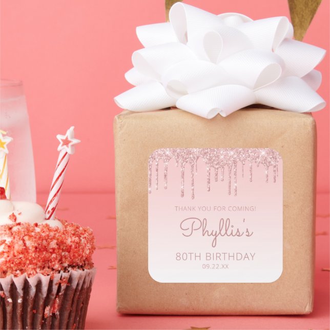 Pink Glitter Drip 80th Birthday Party Thank You Square Sticker (Party)