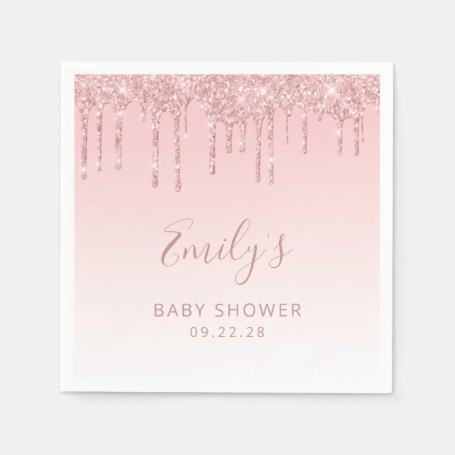 Pink Glitter Drip Baby Shower Napkin (Front)