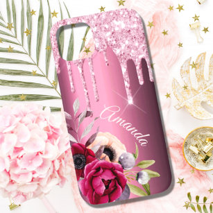 Pink glitter drip burgundy metallic florals name Case-Mate iPhone 14 case