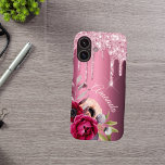 Pink glitter drip burgundy metallic florals name iPhone 16 case<br><div class="desc">Pink faux glitter drip,  Paint drip look on a burgundy faux metallic looking background. Burgundy and rose gold colored Flowers. Template for Your name.  The name in pastel pink is written with a modern and trendy hand lettered style script. Curved text, </div>