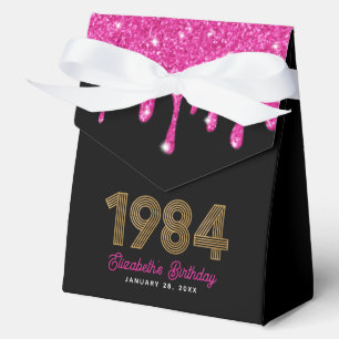 Pink Glitter Drip Faux Gold 1984 40th Birthday Favor Box