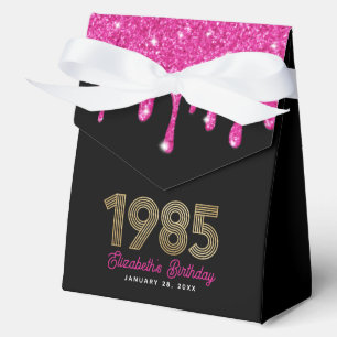 Pink Glitter Drip Faux Gold 1985 40th Birthday Favor Box