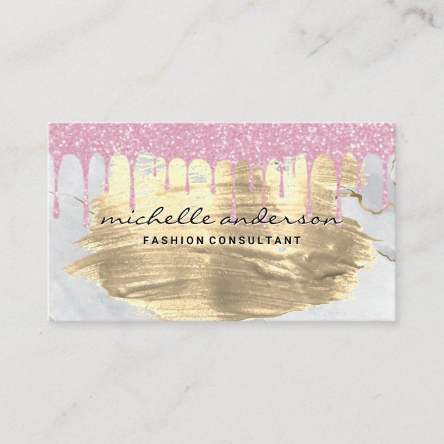 Pink Glitter Drip | Gold Brushed | Marble Business Card (Front)