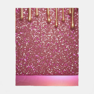 Pink Glitter Drip Over Gold Metallic Background Fleece Blanket