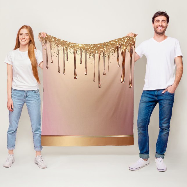 Pink Glitter Drip Over Gold Metallic Background Fleece Blanket (In Situ)