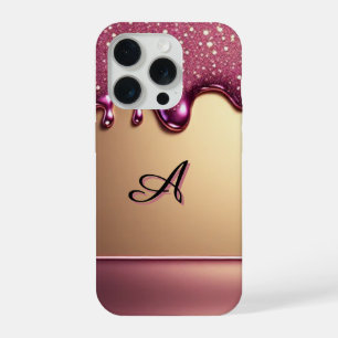 Pink Glitter Drip Over Gold Metallic Background iPhone 15 Pro Case