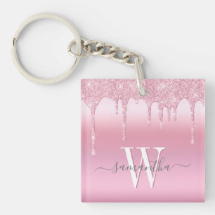 Pink Glitter Drip Personalized Keychain