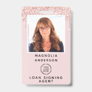 Pink Glitter Drip Photo Logo Barcode Name Badge