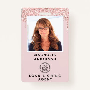 Pink Glitter Drip Photo Logo Barcode Name Badge