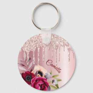 Pink glitter drip rose gold metallic flowers name keychain