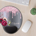 Pink glitter drip silver metallic flowers name gel mouse pad<br><div class="desc">Pink faux glitter drip,  paint drip look on a faux silver metallic looking background. Burgundy and rose gold coloured Flowers. Template for Your name.  The name in rose gold is written with a modern and trendy hand lettered style script.</div>