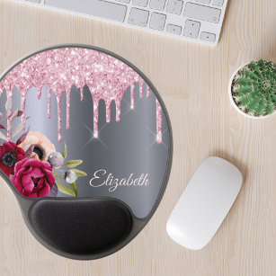 Pink glitter drip silver metallic flowers name gel mouse pad