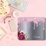 Pink glitter drip silver metallic flowers name mouse pad<br><div class="desc">Pink faux glitter drip,  paint drip look on a faux silver metallic looking background. Burgundy and rose gold coloured Flowers. Template for Your name.  The name in rose gold is written with a modern and trendy hand lettered style script.</div>