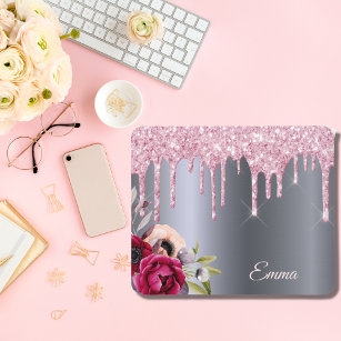 Pink glitter drip silver metallic flowers name mouse pad