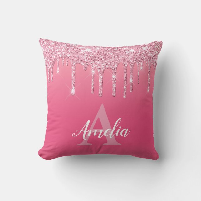 Pink Glitter Drips Add Your Own Monogram Girl's  Throw Pillow (Front)