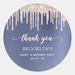 Pink Glitter Drips Blue Sweet 16 Thank You Favour Classic Round Sticker