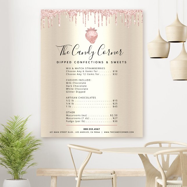Pink Glitter Drips Dessert Menu Price List Gold Poster (Creator Uploaded)
