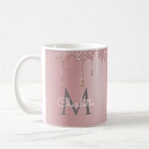 Pink Glitter Drips Elegant Girly Script Monogram Coffee Mug