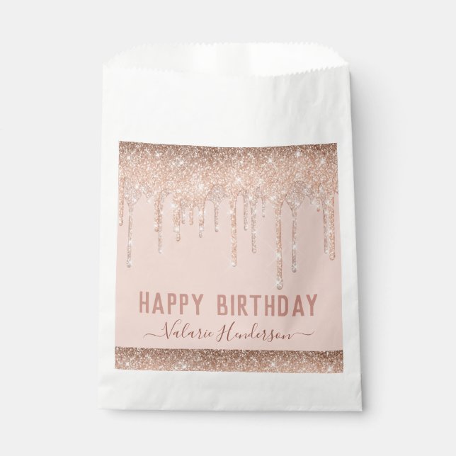 Pink Glitter Drips Happy Birthday Napkins Favour Bag (Front)