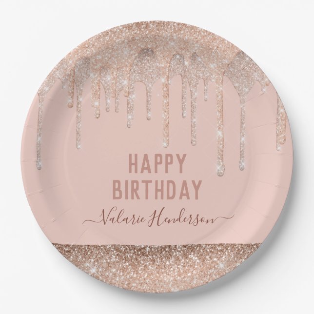 Pink Glitter Drips Happy Birthday Napkins Paper Plate (Front)