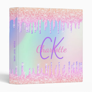 Pink glitter drips  holographic monogram binder