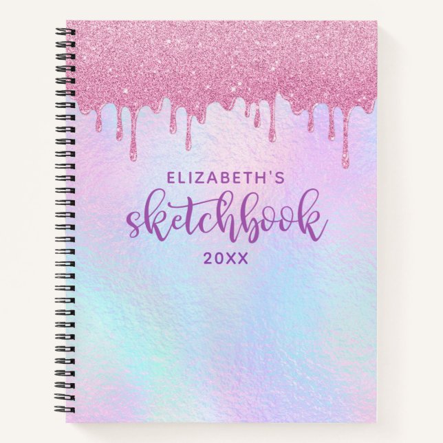 Pink Glitter Drips Holographic Unicorn Sketchbook  Notebook (Front)