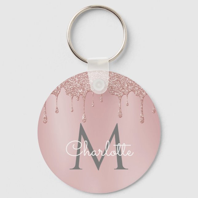 Pink Glitter Drips Monogram Elegant Chic Script Keychain (Front)
