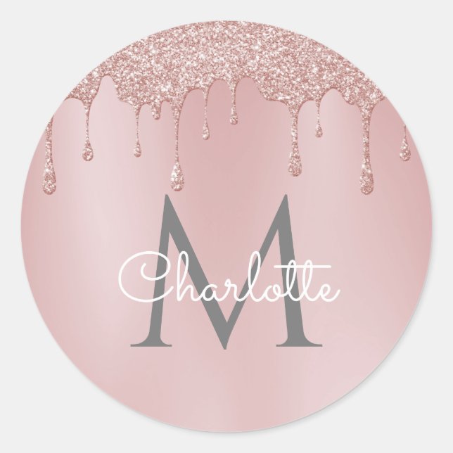Pink Glitter Drips Monogram Elegant Girly Script Classic Round Sticker (Front)