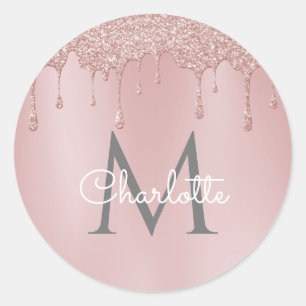 Pink Glitter Drips Monogram Elegant Girly Script Classic Round Sticker