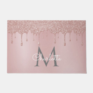 Pink Glitter Drips Monogram Elegant Girly Script Doormat
