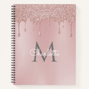 Pink Glitter Drips Monogram Elegant Girly Script Notebook