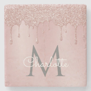 Pink Glitter Drips Monogram Elegant Girly Script Stone Coaster