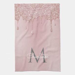 Pink Glitter Drips Monogram Girly Script Kitchen Towel