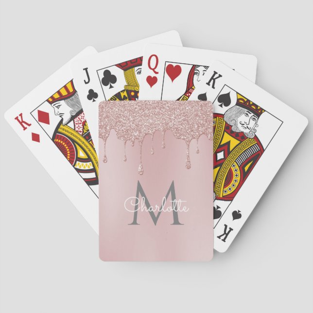 Pink Glitter Drips Monogram Girly Script Playing Cards (Back)