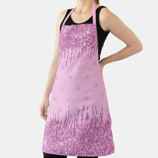 Pink glitter drips monogram initials pattern apron (Insitu)