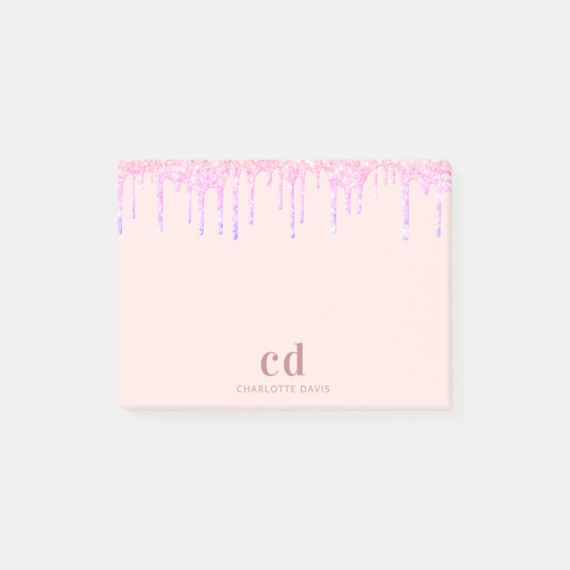 Pink glitter drips monogram initials post-it notes (Front)