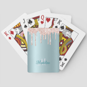 Pink Glitter Drips on Pale Teal - Monogrammed Playing Cards