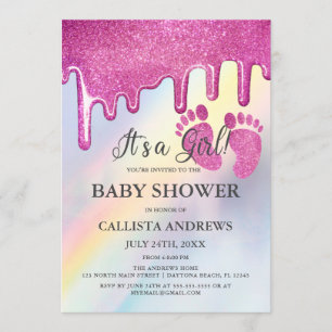Pink Glitter Drips Rainbow Holographic Baby Shower Invitation