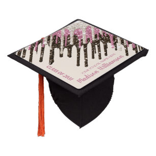 Pink glitter drips sparkle elegant chic typography graduation cap topper
